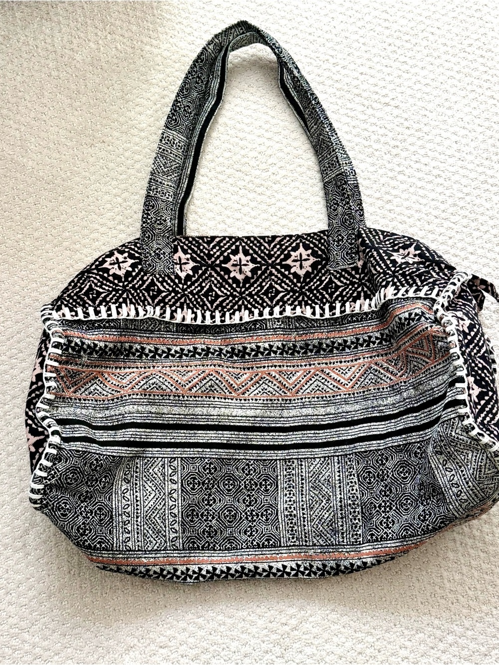 New Boho Black and Pink Patterned Duffel Tote Bag
